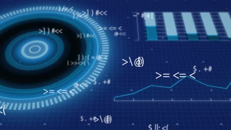 animation of circles, symbols and graphs over grid pattern against abstract background