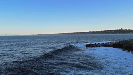 Panning-drone-shot-of-Sea-Lions-playing-and-jumping-in-the-surf-as-pelicans-fly-by-in-La-Jolla,-California