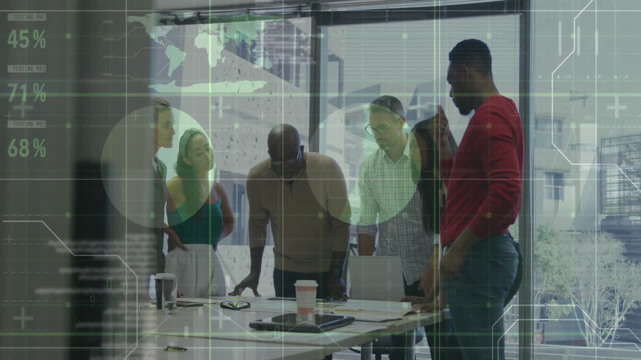 Animation of financial data processing over diverse business people having meeting at office