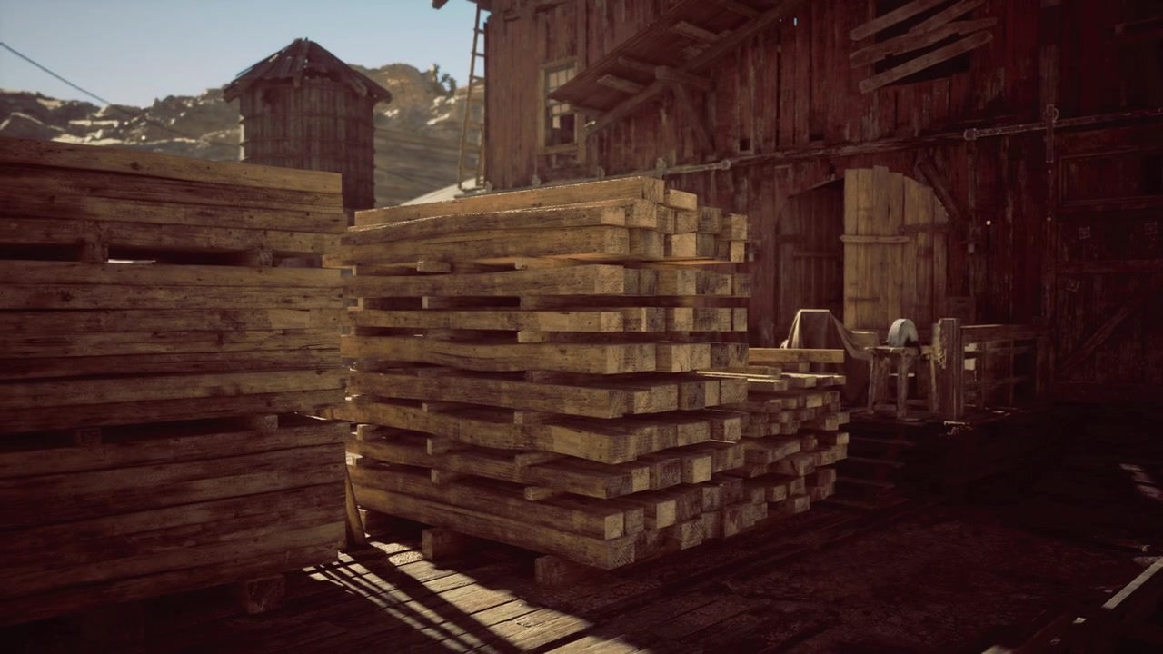 Sunlight illuminates aged wooden and corrugated metal structures