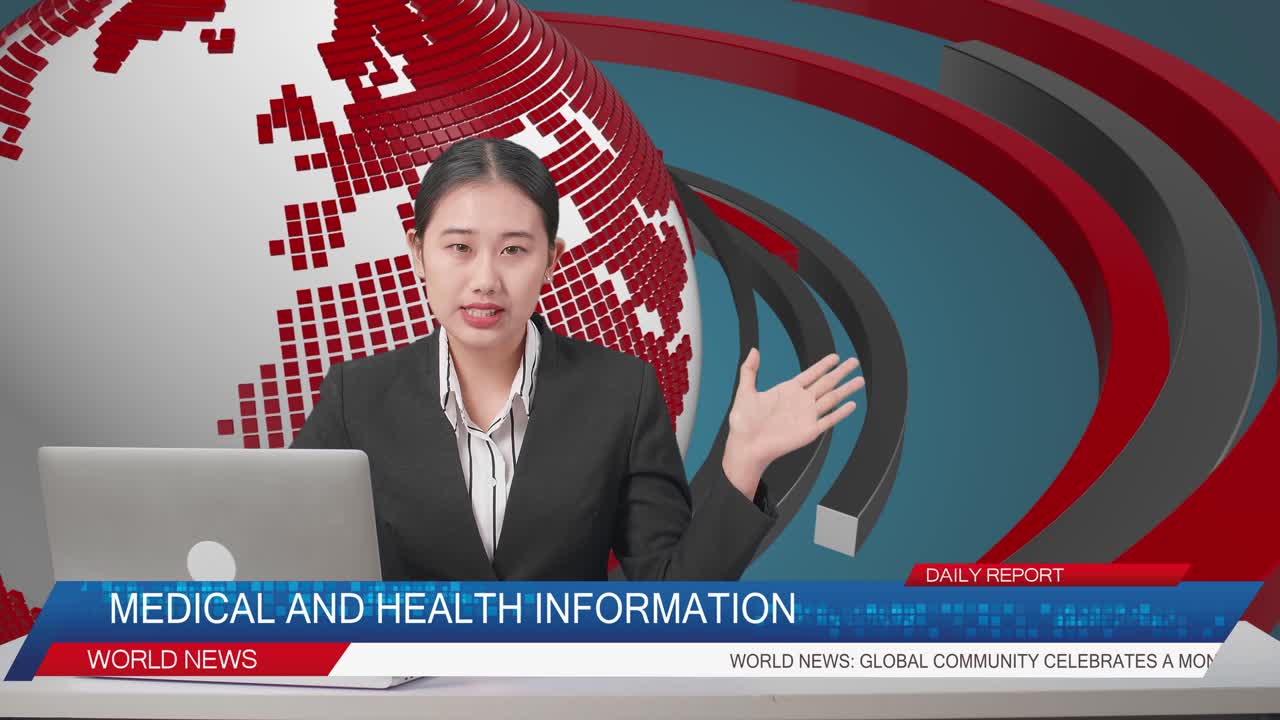 Live News Studio With Asian Professional Female Anchor And Her Computer Pointing To Side While Reporting On The Events Of The Day