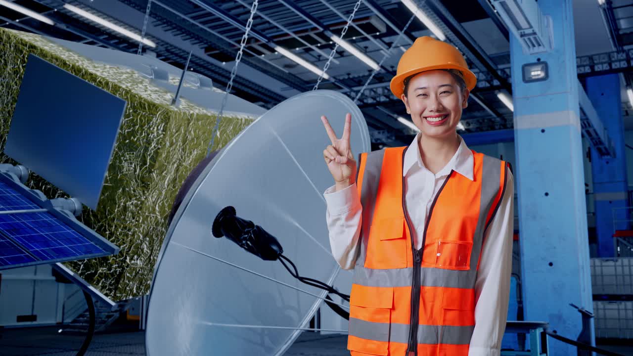 위성 공장에서 포즈를 취하는 엔지니어