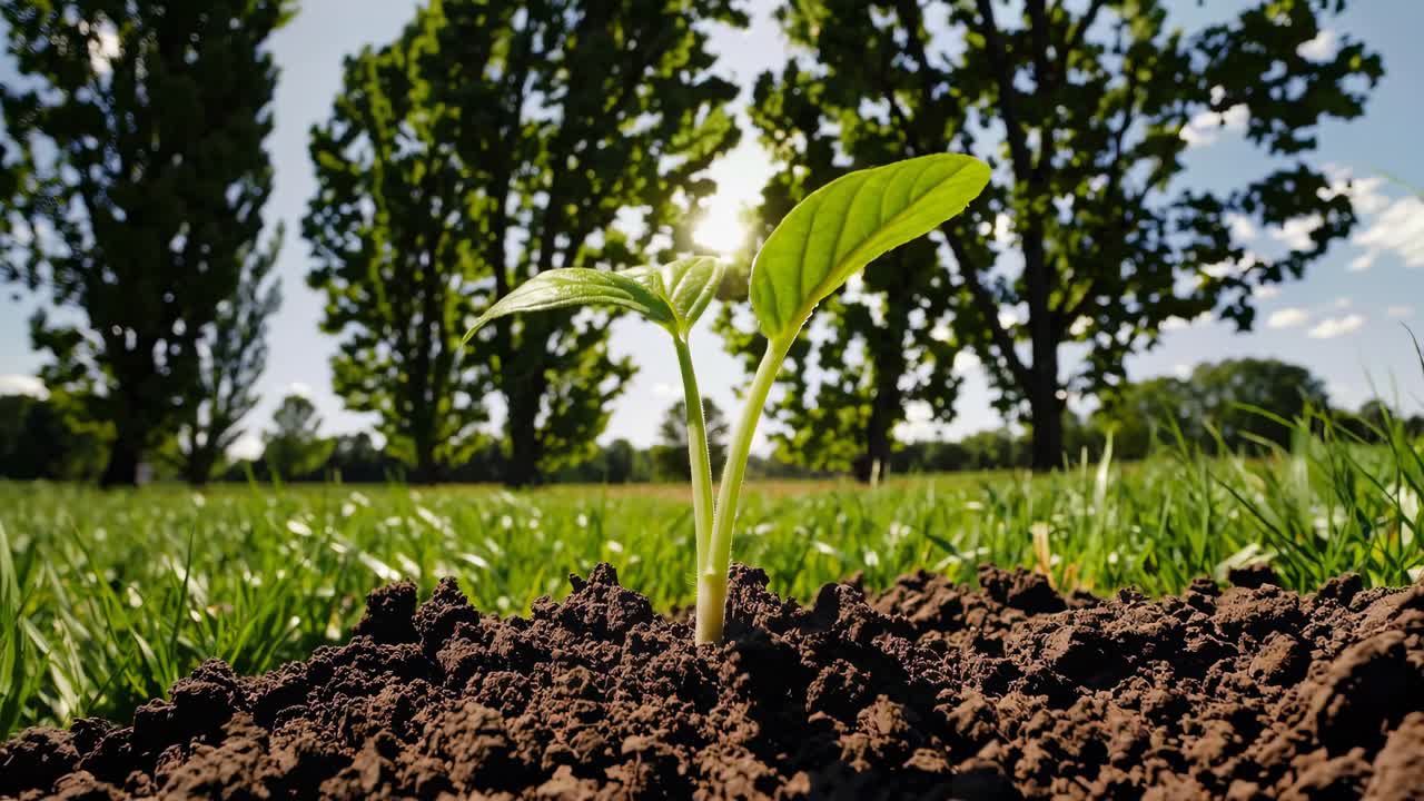 Low-angle video of a small plant sprouting in a sunlit field, capturing the essence of growth