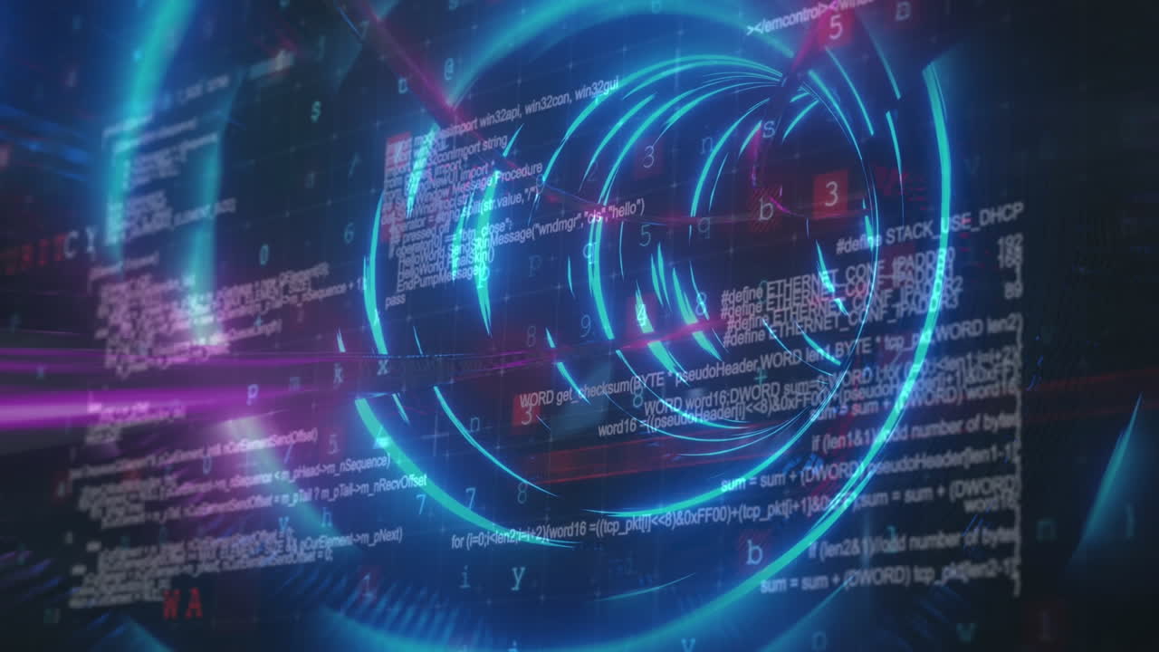 데이터 처리의 애니메이션과 빛으로 만든 터널 위의 와이러스 경고