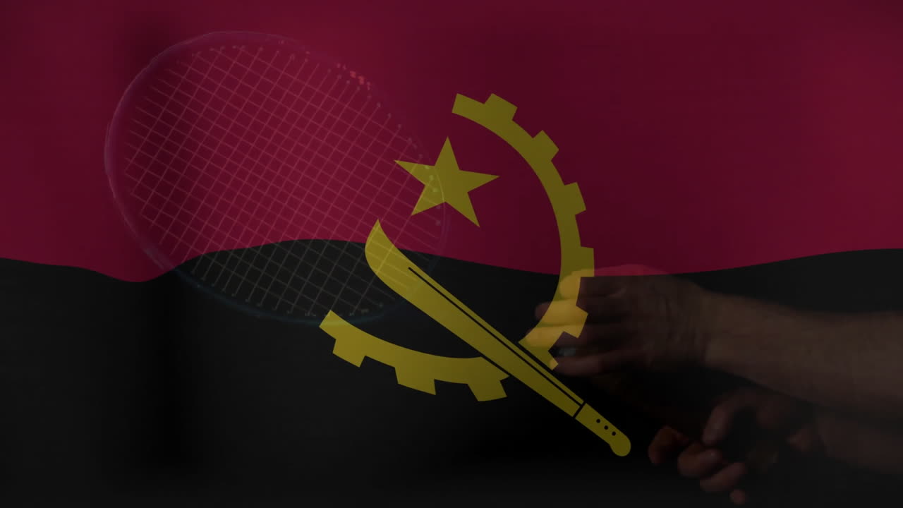 Holding tennis racket over Angola flag, hand showing support for sports animation