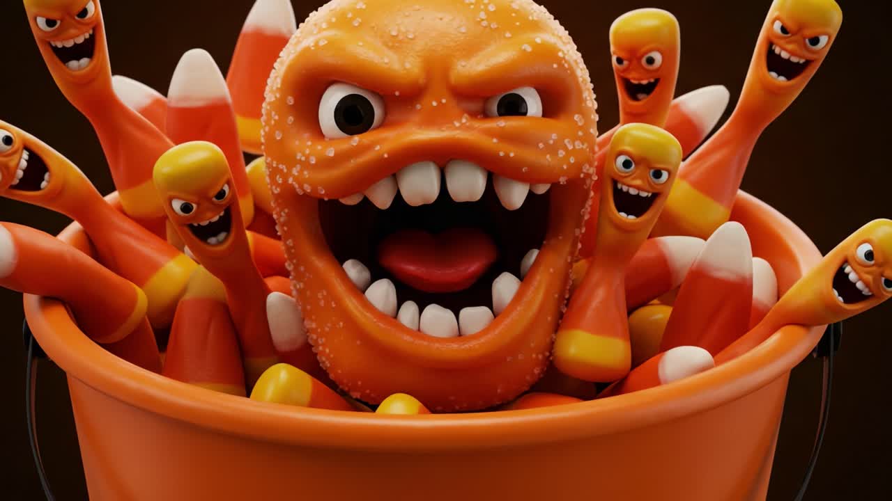 An overflowing bucket of playful and menacing orange candy corn figures, featuring a large jagged-toothed orange character at the center, exuding an aura of Halloween mischief and fun