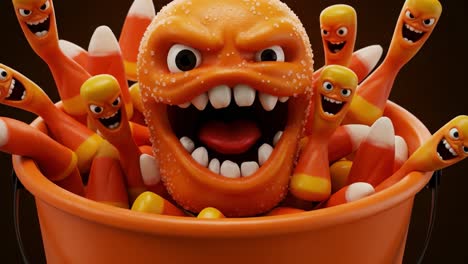 an overflowing bucket of playful and menacing orange candy corn figures, featuring a large jagged-toothed orange character at the center, exuding an aura of halloween mischief and fun
