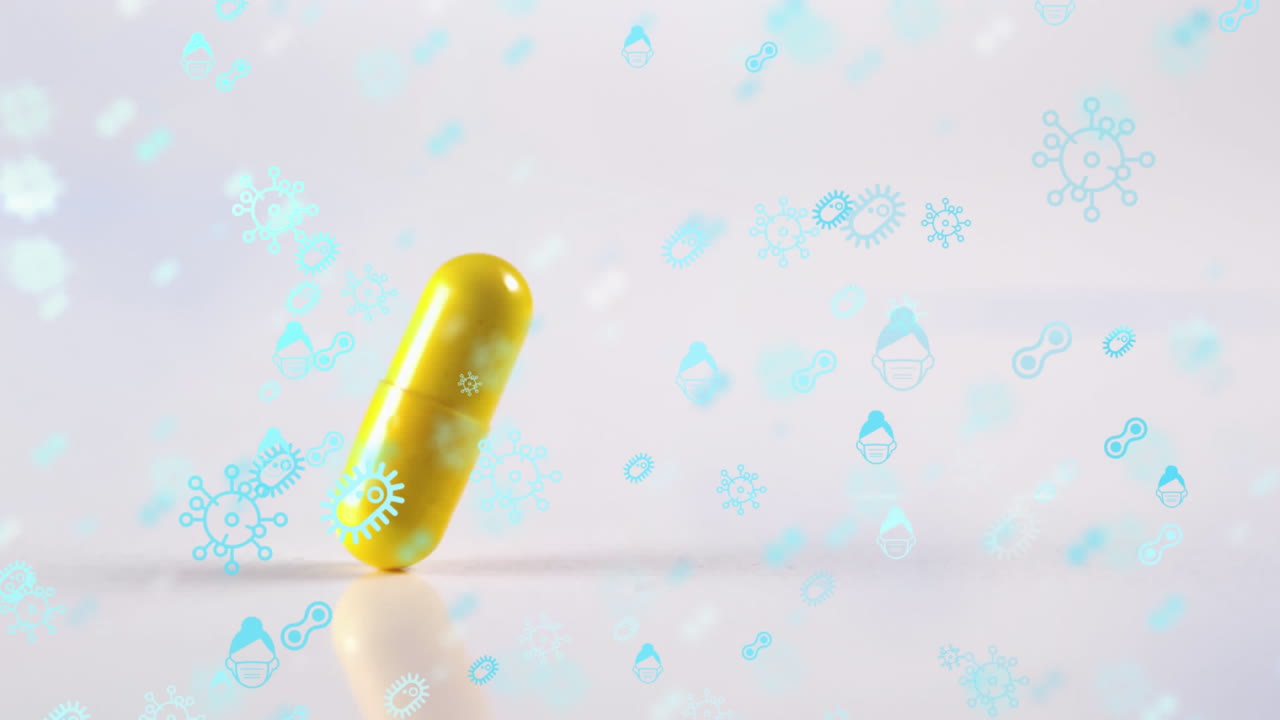 animación de múltiples iconos de covid-19 sobre una píldora amarilla que cae sobre el fondo blanco