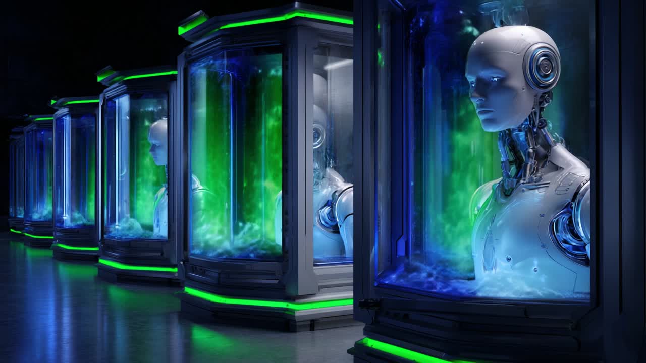 A captivating visual of advanced robotic figures encased in illuminated glass chambers, illustrating a futuristic scene with vibrant colors contrasting with sleek metallic surfaces, evoking thoughts of technology and artificial intelligence