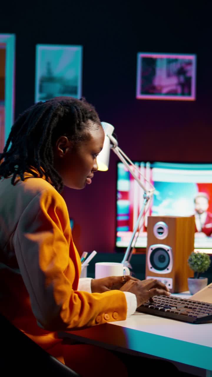 Vertical Video African american girl uses artificial intelligence software for machine learning