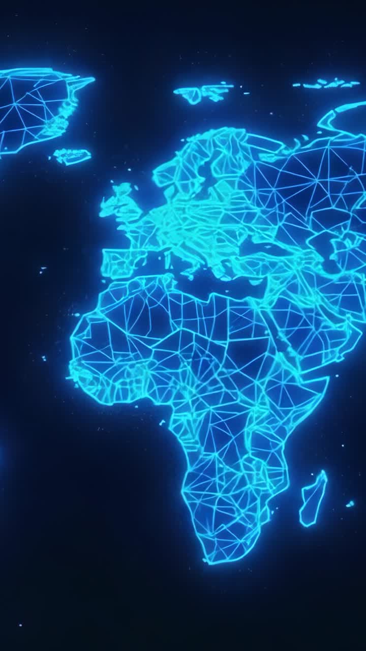 Vertical video: Showing wireframe Earth pulsing via nodes in space, neon lines linking continents