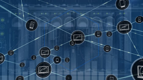 animation of network of connections with icons and data processing over server room