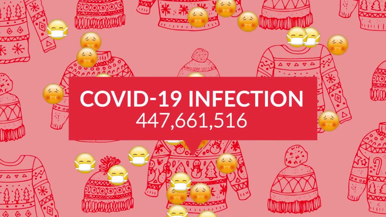 animación del texto de covid sobre el patrón de salto y el emoji enfermo en fondo rosa