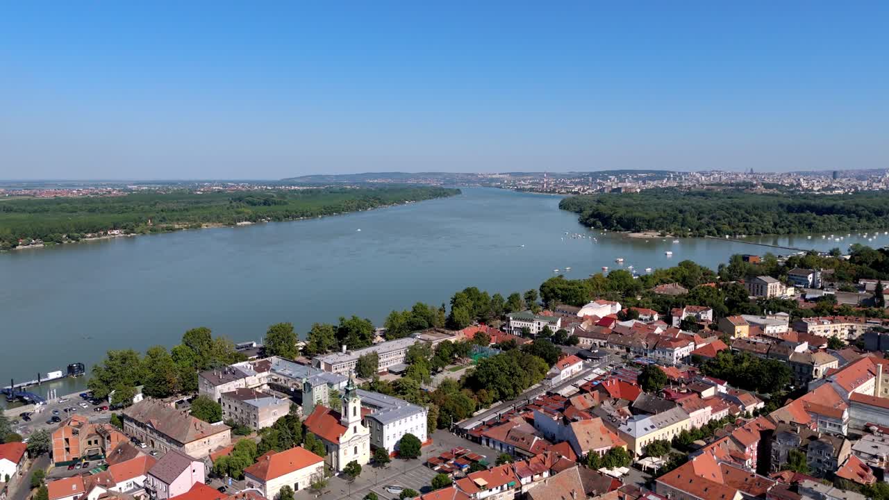 Aerial drone view of Belgrade skyline, Serbia, overlooking the confluence of the Sava and Danube rivers