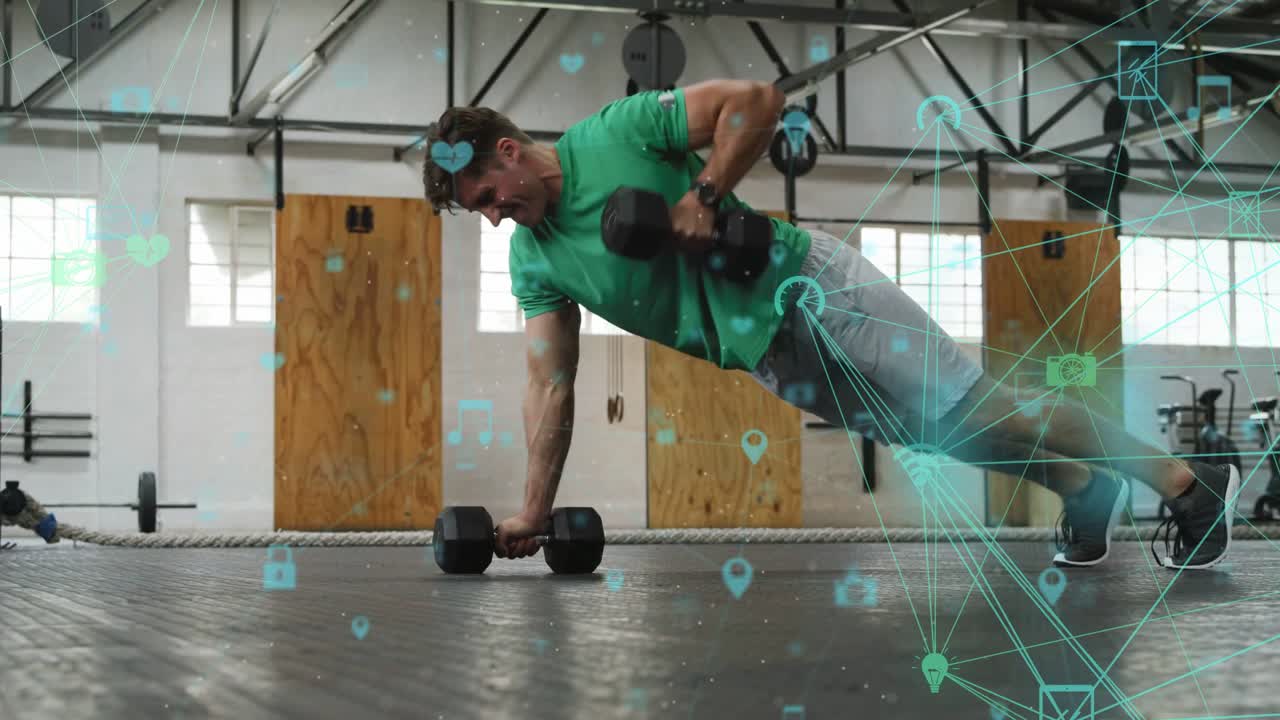 Man starting plank, alternating rows and pushups on weights for fitness, teal HUDs overlaying him