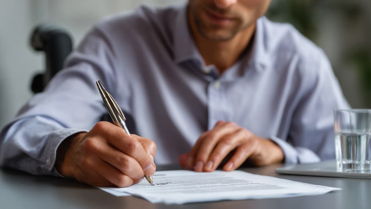 Professionista concentrato che sigilla documenti importanti con una penna per la firma in un moderno ambiente d'ufficio, dimostrando concentrazione e cura nei compiti lavorativi.