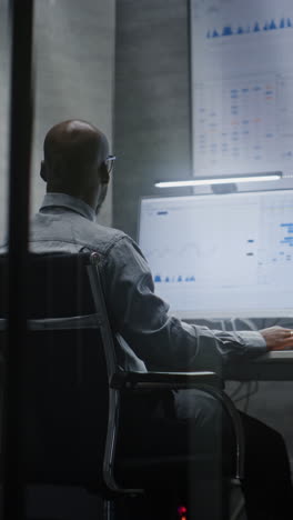 financial analyst working on computer with multi-monitor workstation, monitoring real-time stocks and exchange market charts. african american businessman works in bank office at night. vertical shot.