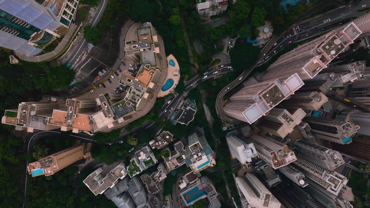 Drone shot of skyscrapers located at Hong Kong. Terrace view.