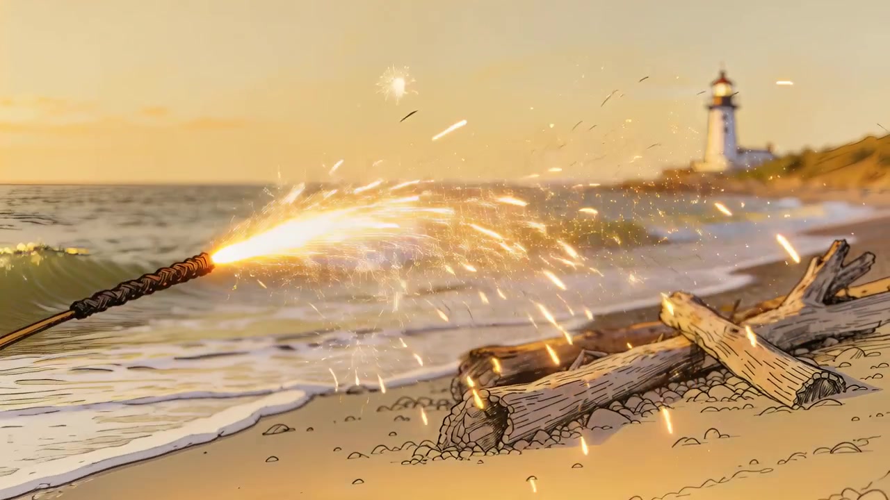 Ein ausfahrender Funkenstab sendet Funken auf Treibholz nahe der Brandung an einem Sandstrand, mit einem Leuchtturm.
