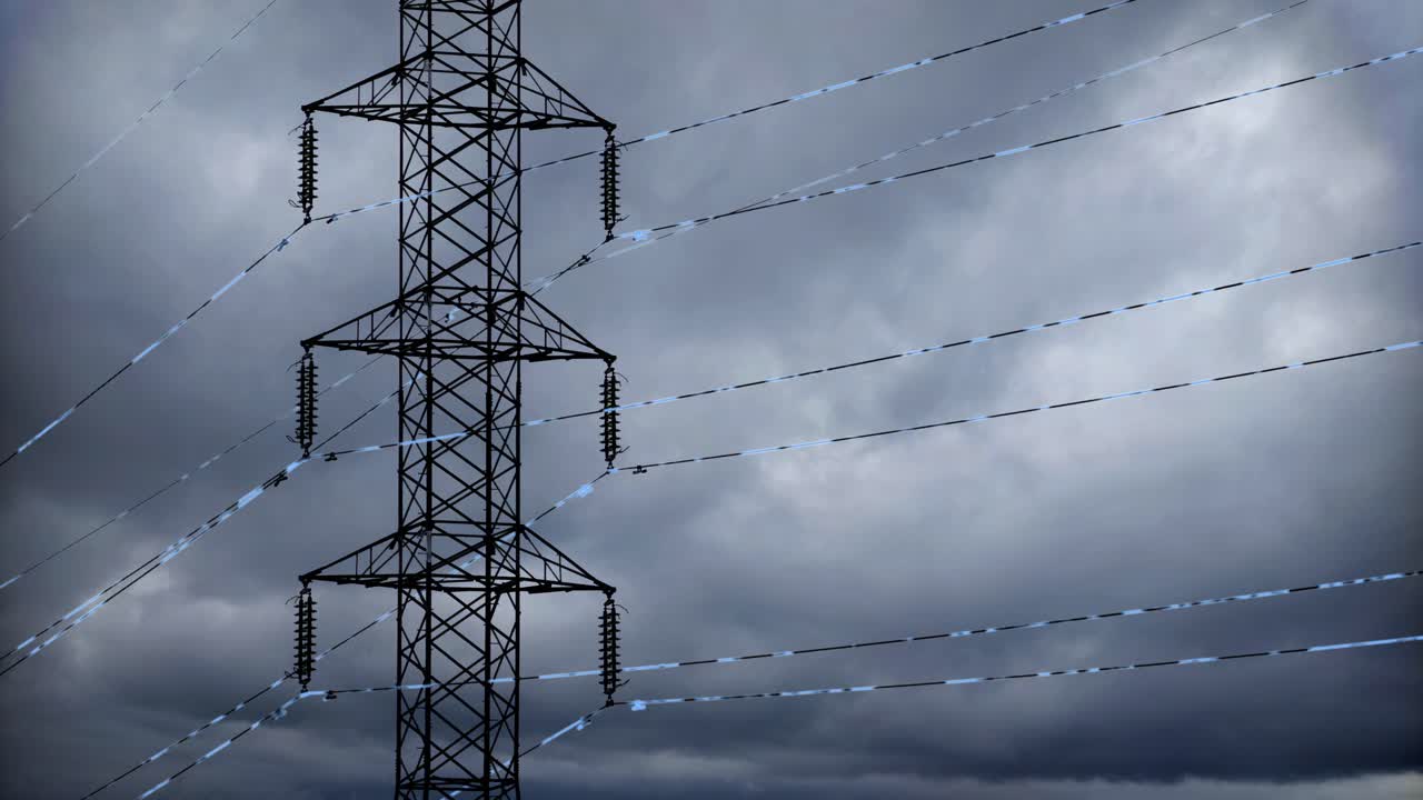 Transmission tower with visible energy pulses traveling along high-voltage lines - power grid visualization with electricity pylons and clouds timelapse