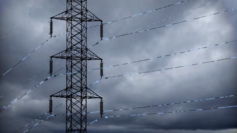 transmission tower with visible energy pulses traveling along high-voltage lines - power grid visualization with electricity pylons and clouds timelapse