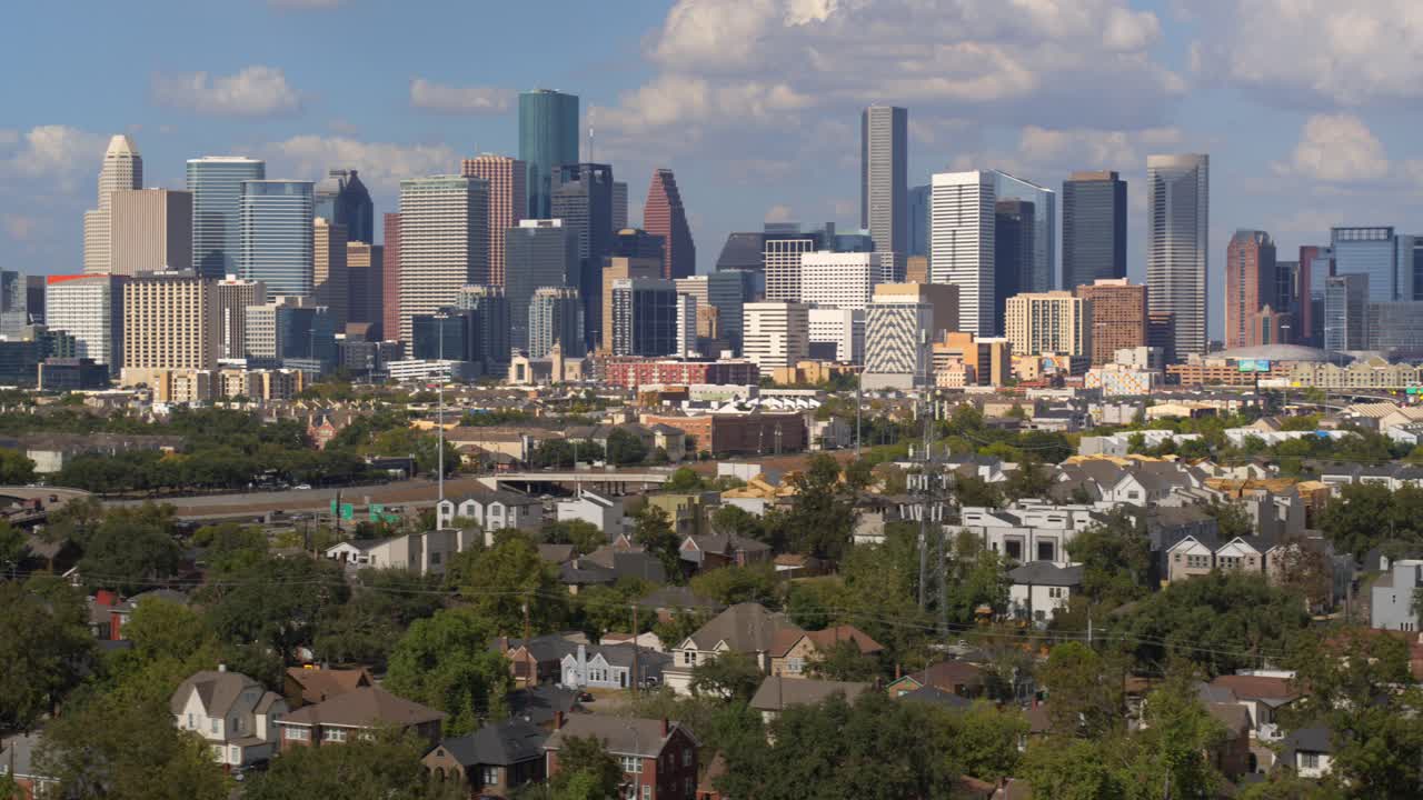 Establishing aerial shot of downtown Houston and surrounding area