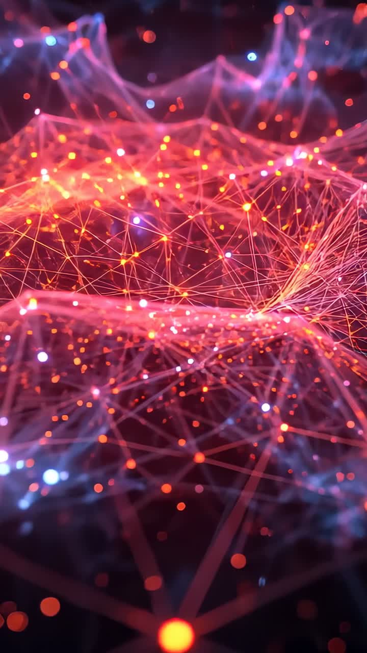 Vertical video: Rippling energy wave animating 3D mesh lines in void, showing living glowing nodes