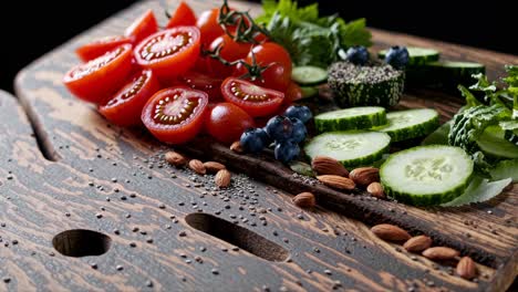 cherry tomatoes, cucumber slices, blueberries, almonds and chia seeds are arranged on a rustic wooden cutting board, creating a vibrant and inviting display of healthy ingredients