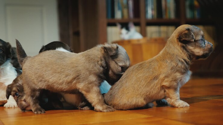 lustige welpen spielen auf dem boden im zimmer, die katze beobachtet sie