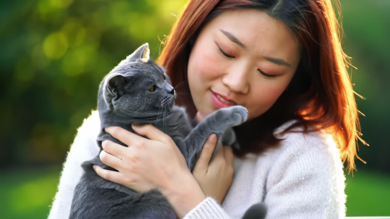 A Heartwarming Moment: A Young Woman Enjoys a Tender Embrace with Her Adorable Cat in a Sunlit Outdoor Setting, Capturing the Essence of Friendship and Love