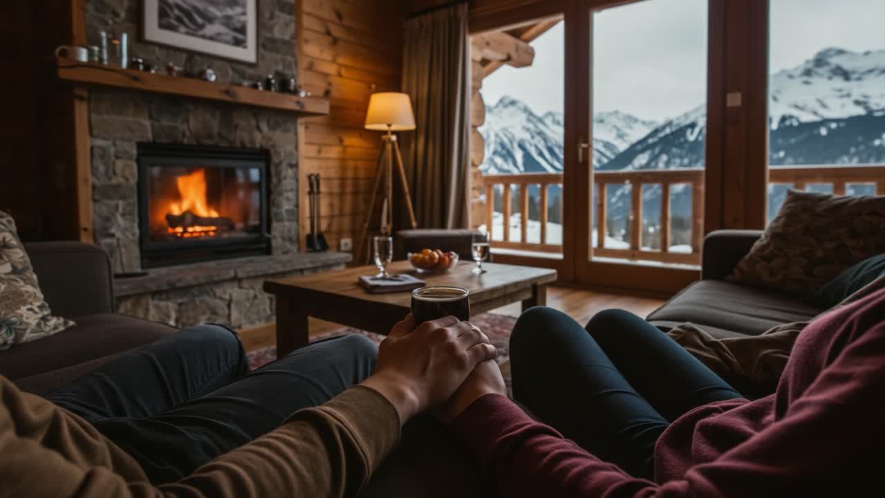 Couple Holding Hands by Fireplace with Mountain View in a Cozy Cabin