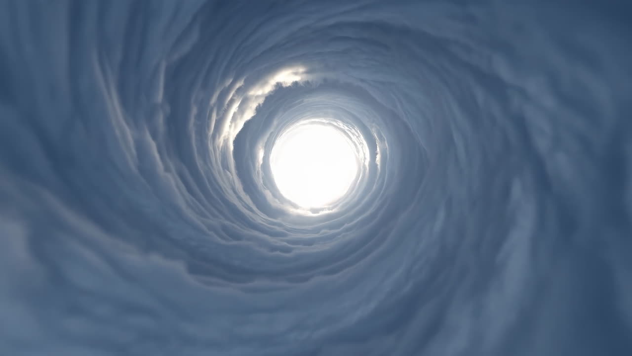 Whirling Storm Clouds Forming Bright Eye, Drone Perspective Into Spiraling Sky, Dramatic Lighting And Sweeping