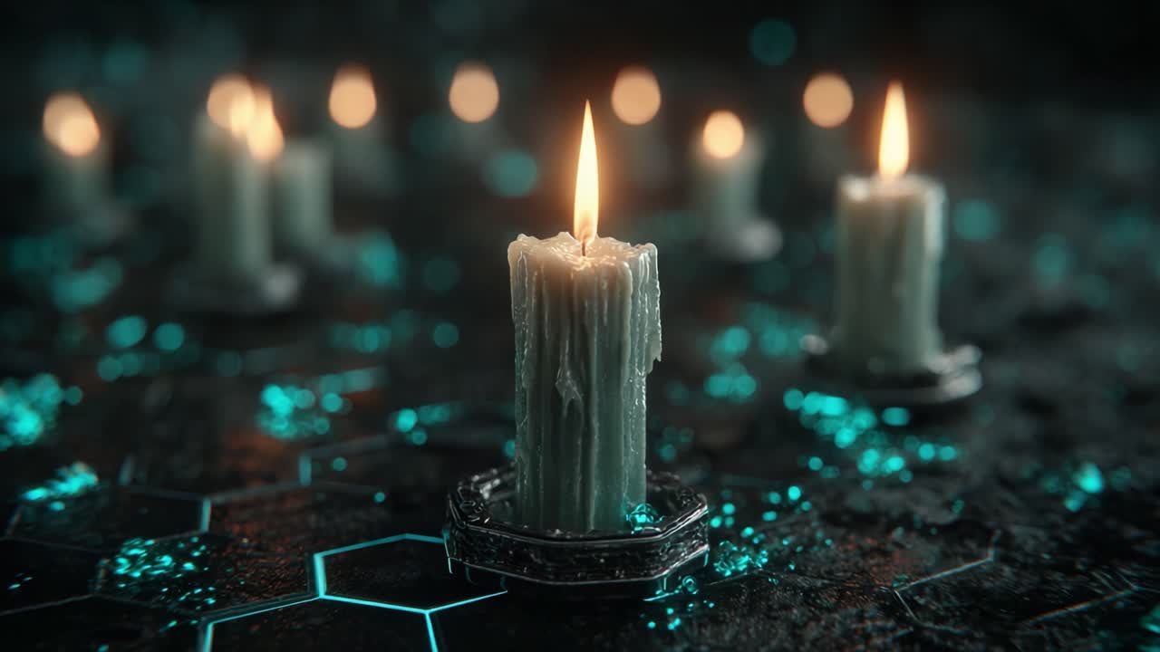 A mesmerizing display of glowing candles set against a dark, textured background, casting a warm light through dripping wax and illuminating geometric patterns
