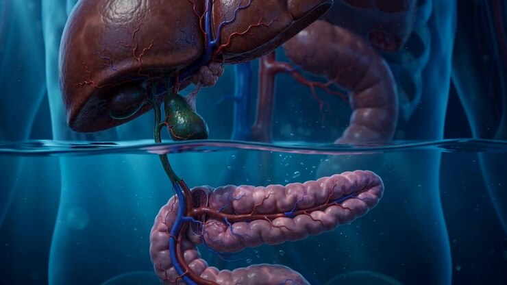 3D liver above water with intestines submerged below the surface in view