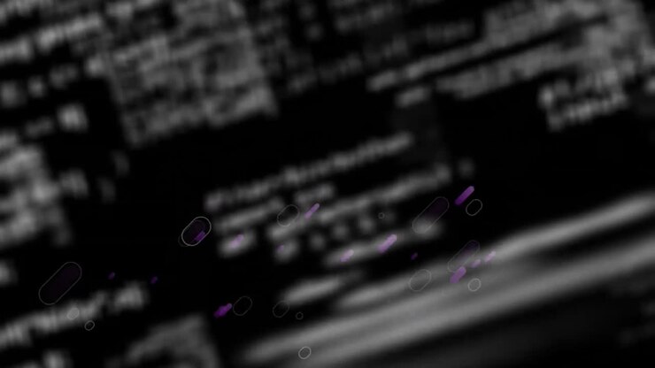 Animation of purple light trails over information and data processing on black background