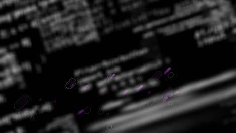animation of purple light trails over information and data processing on black background
