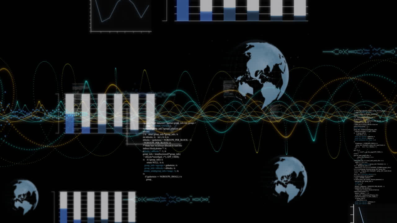 그래프와 차트는 검은색 배경에 지구와 파동 형태에 대한 애니메이션입니다.