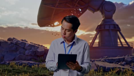 Asian Male Professional Worker Standing With His Tablet With Large Satellite Dish, He Is Nodding His Head With Dissapionted