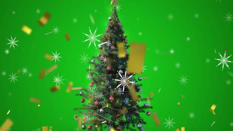 Animation-of-christmas-tree-and-confetti-falling-over-snow-falling