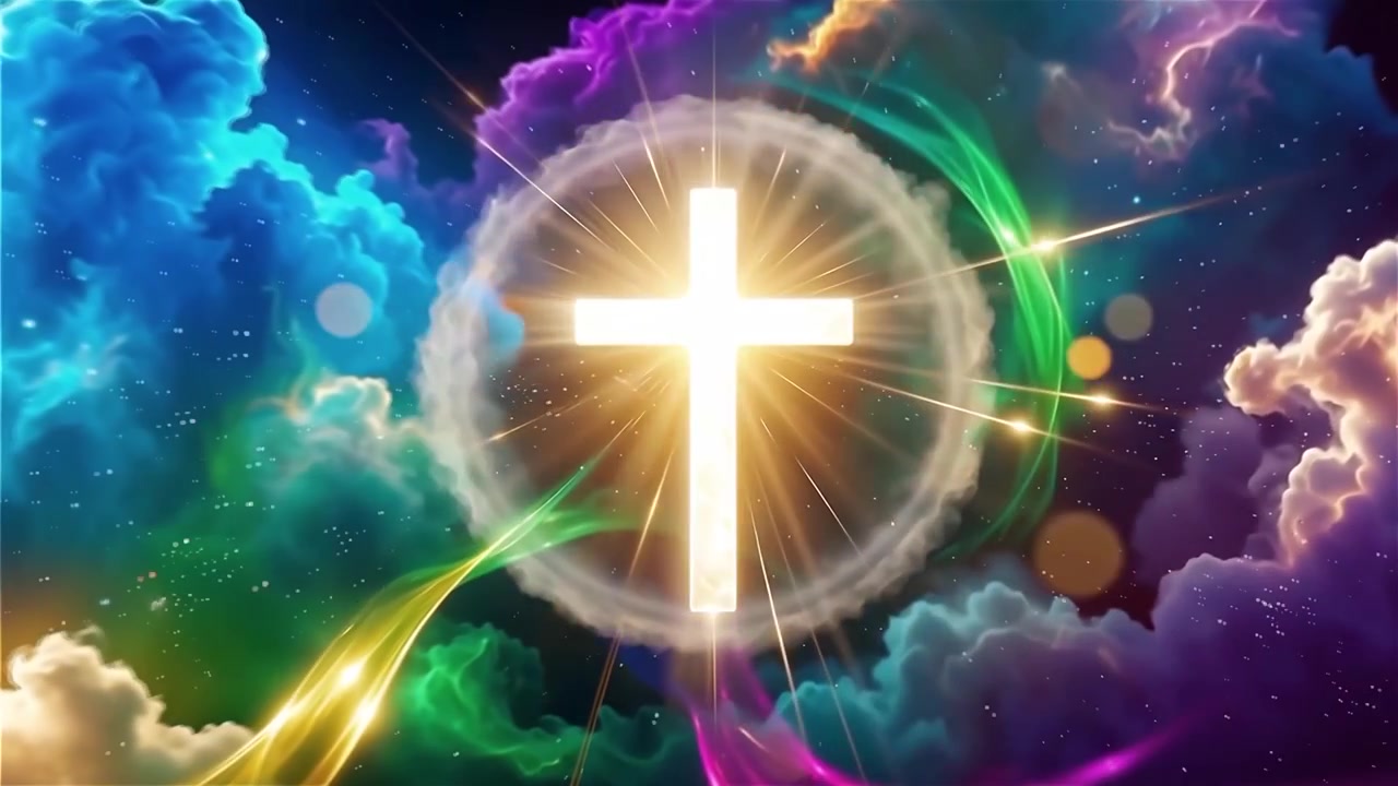 Christliches Kreuz, himmlisches Licht, Anbetungshintergrund.
