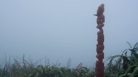 cultural maori pouwhenua carved land post in foggy weather conditions in wellington, new zealand aotearoa