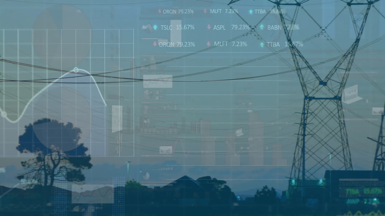 Stock market data animation over power lines and urban landscape