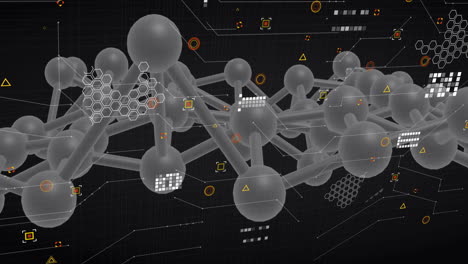 animation of dna network of connections and molecules on black background