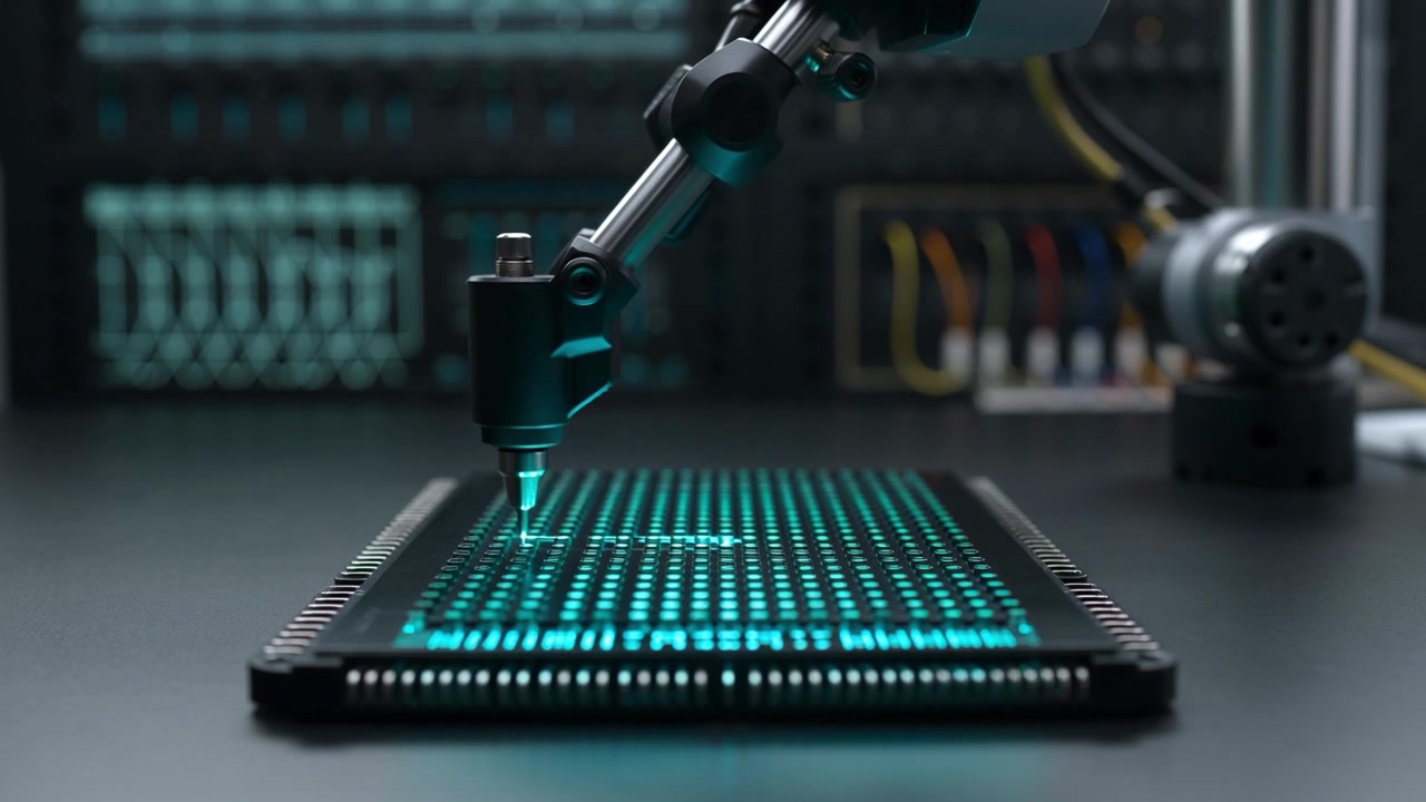 Robotic Arm Testing Electronic Circuit Board in Laboratory