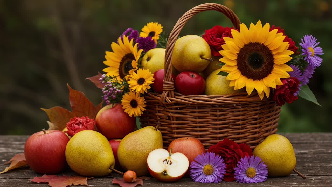 A Beautiful Arrangement of Fresh Fruits and Colorful Flowers in a Basket, Perfect for Celebrating Nature's Bounty and the Beauty of Autumn Season