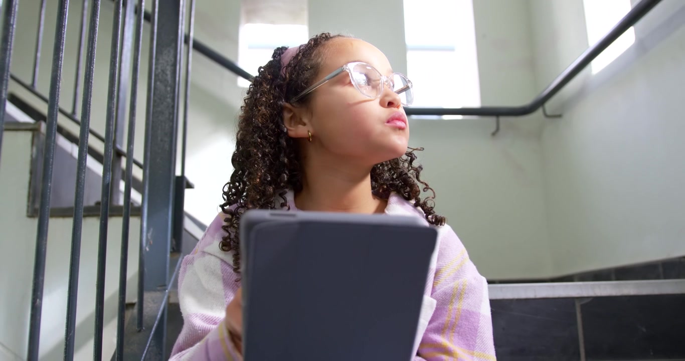 African American teen girl sitting on landing holding tablet, reading then glancing at window light