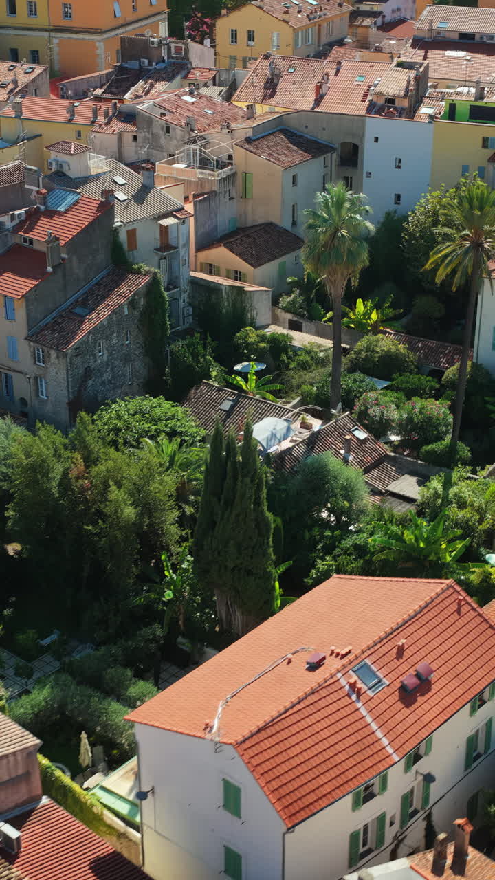 Aerial drone view of Antibes Old Town with palm trees and lush gardens among Mediterranean houses with terracotta rooftops. Vertical