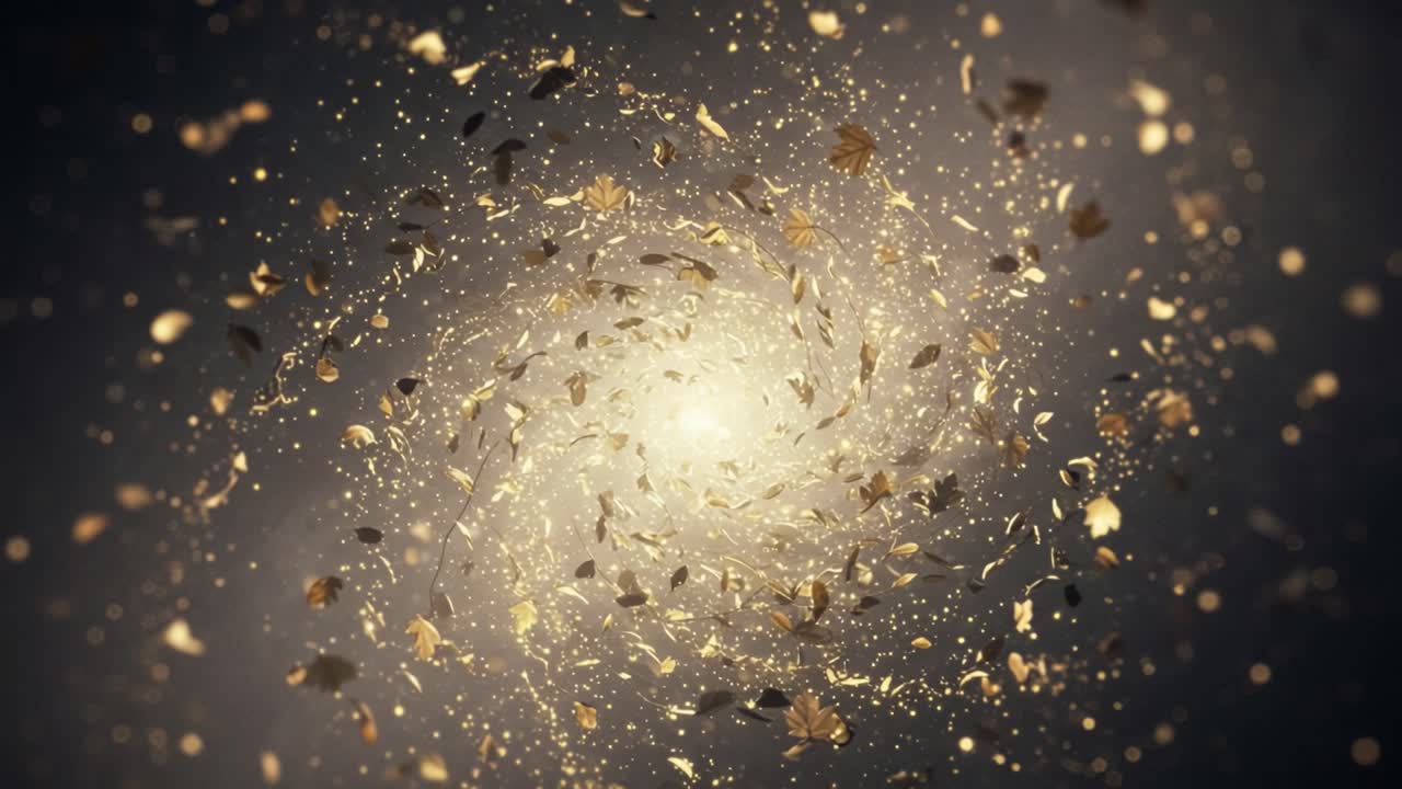 A Captivating Spiral of Leaves and Light: Enchanted Swirling Motion Illustrating the Beauty of Nature's Transition through a Dynamic Cosmic Vortex