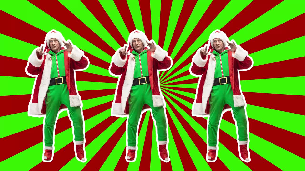 Glædelig jul, Godt nytår. Stop motion-design, kunstanimation. Dansende mand som fræk julemand. Modedans på rød. Sjov, moderne, konceptuel, nutidig lys 4k kunstcollage. Festtidskoncept
