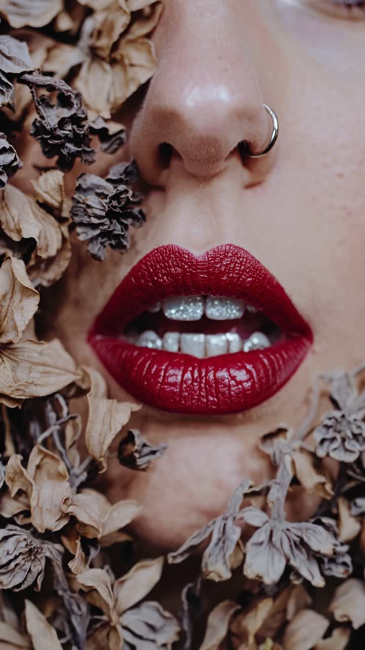 Close up of a woman's face with bright red lipstick and a nose piercing, partially obscured by dried flowers, creating a mysterious and intriguing composition
